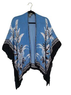 Vince Camuto Womens Floral Blue & Black Open-Front Kimono Shawl Wrap One Size